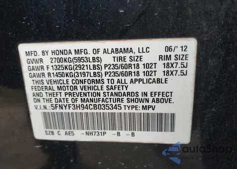 2012 Honda Pilot Touring from USA, damaged, VIN 5FNYF3H94CB035345